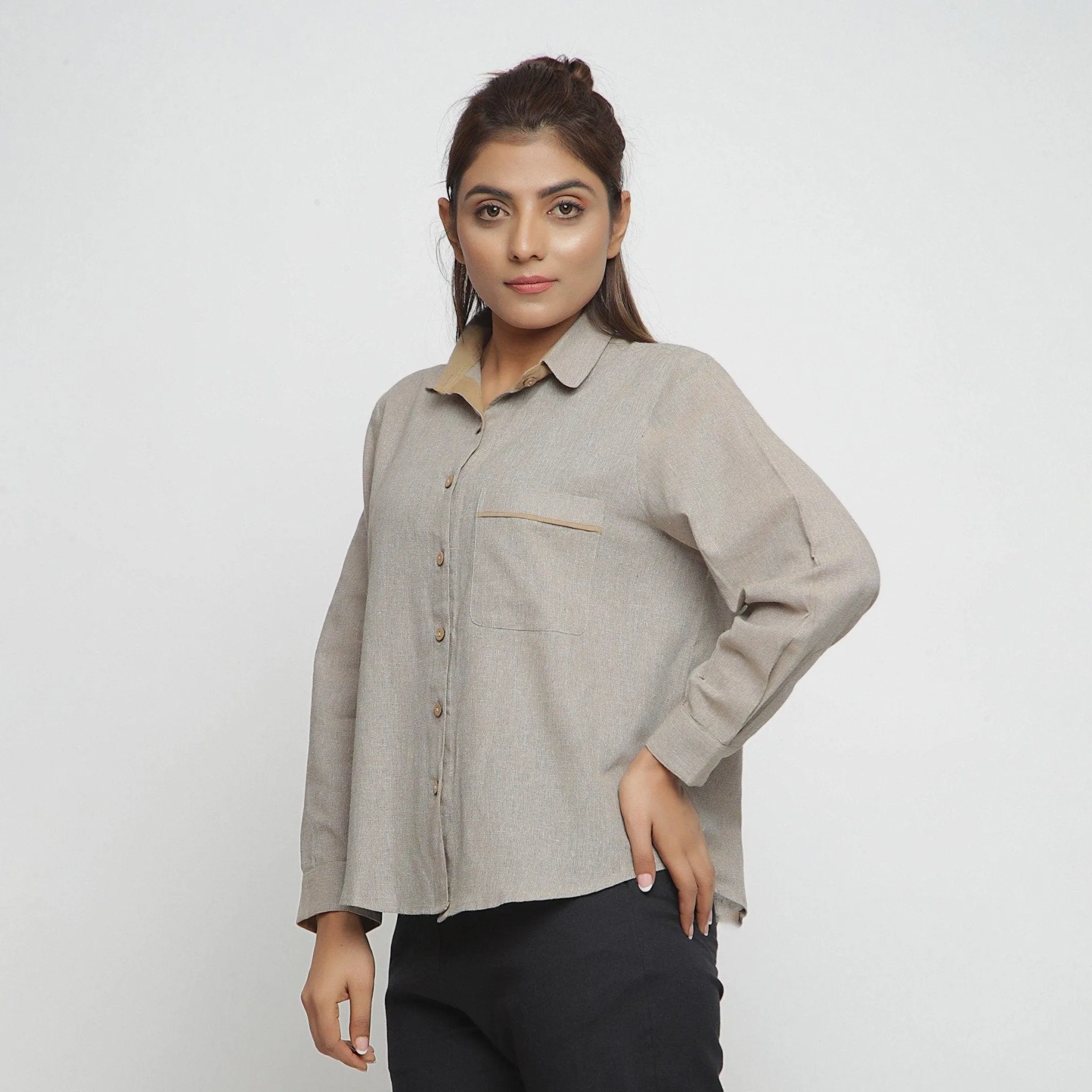 Beige Yarn Dyed 100% Cotton Button-Down Shirt