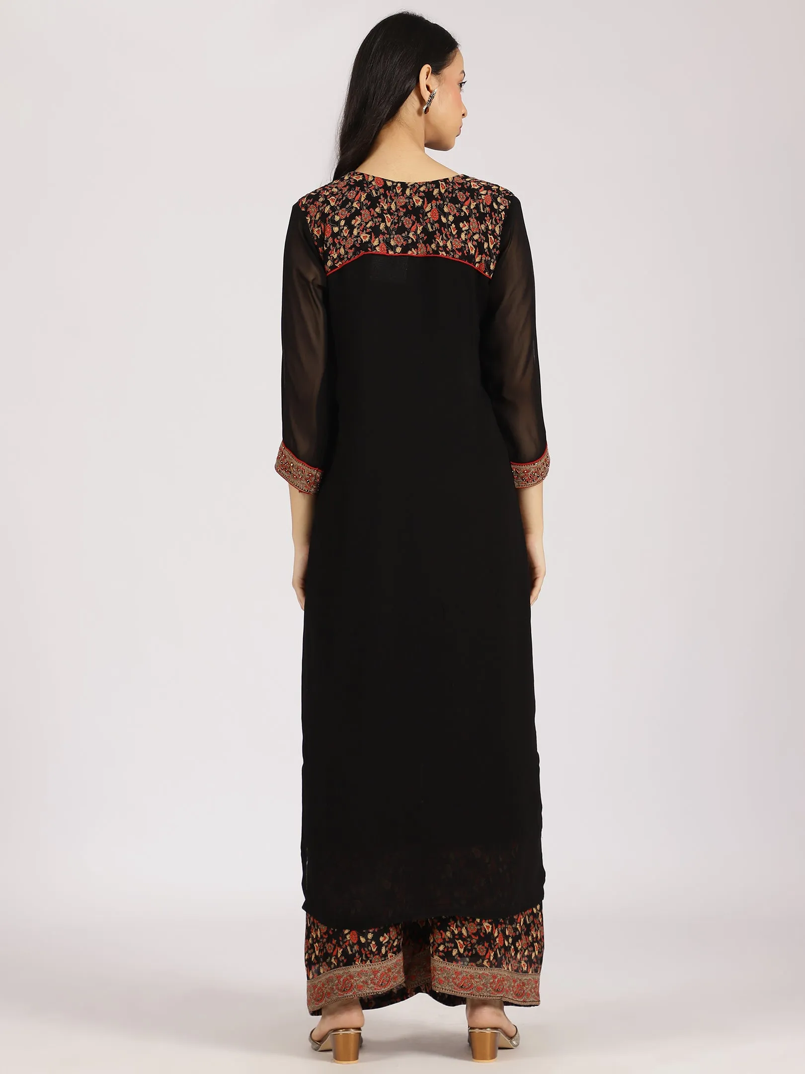 Black Embroidered Kurta with Printed Palazzo & Dupatta