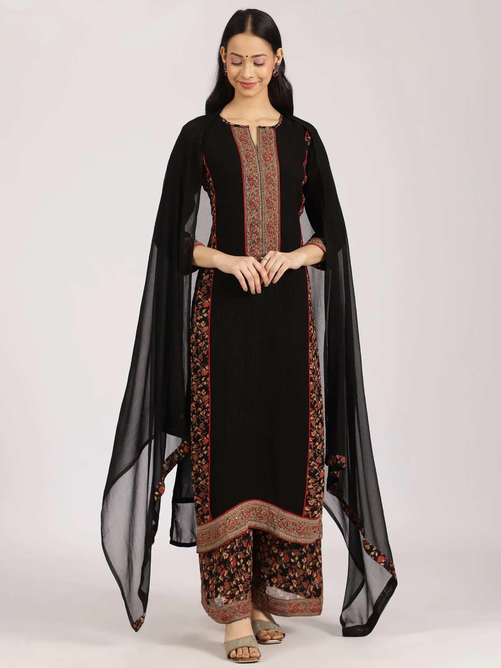 Black Embroidered Kurta with Printed Palazzo & Dupatta