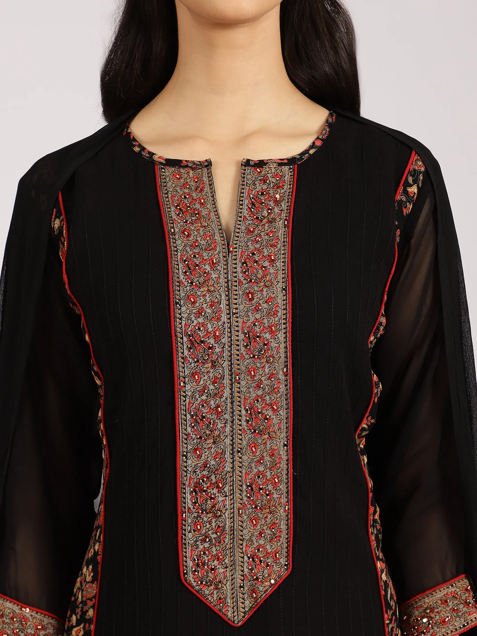 Black Embroidered Kurta with Printed Palazzo & Dupatta
