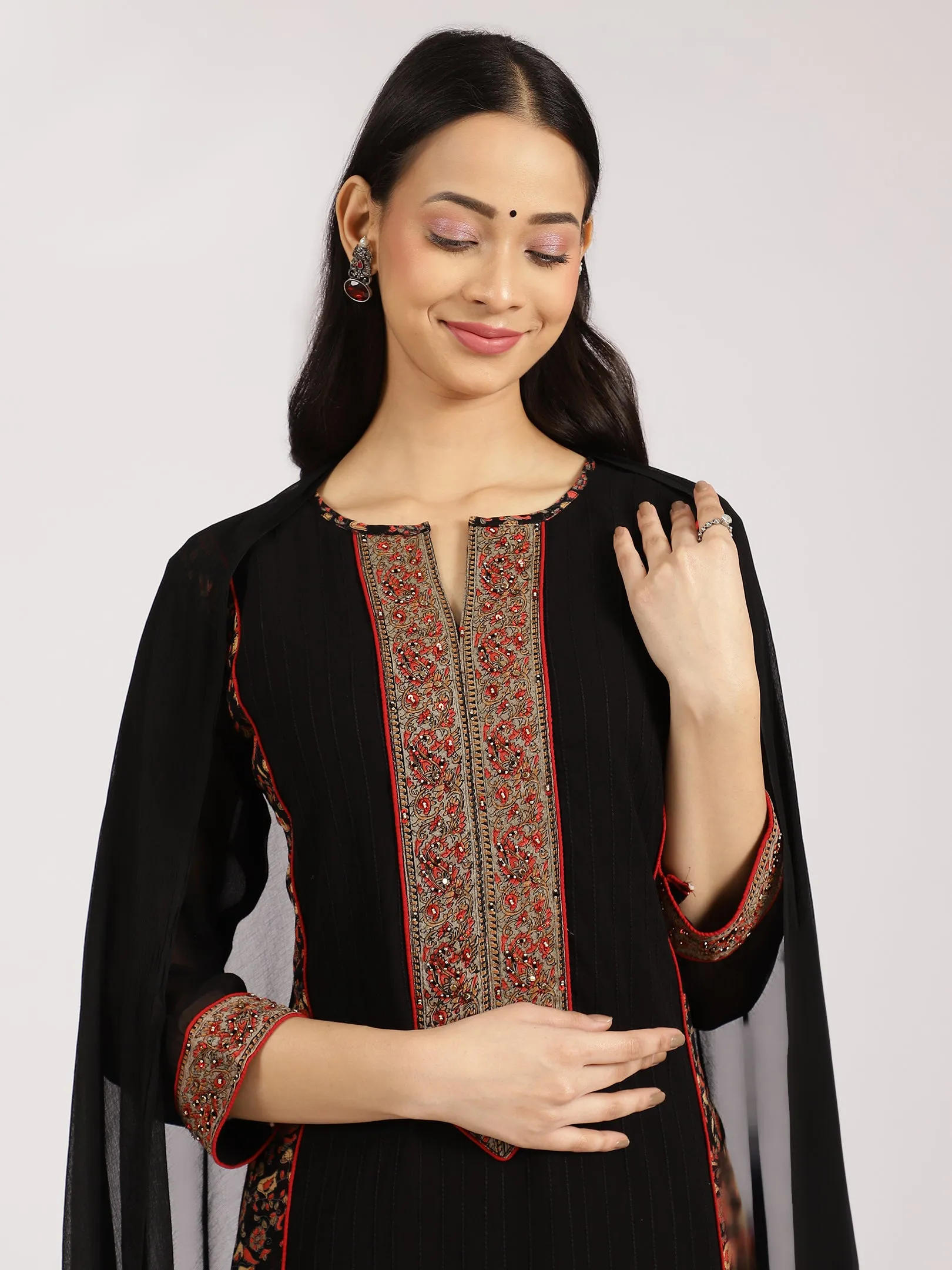 Black Embroidered Kurta with Printed Palazzo & Dupatta
