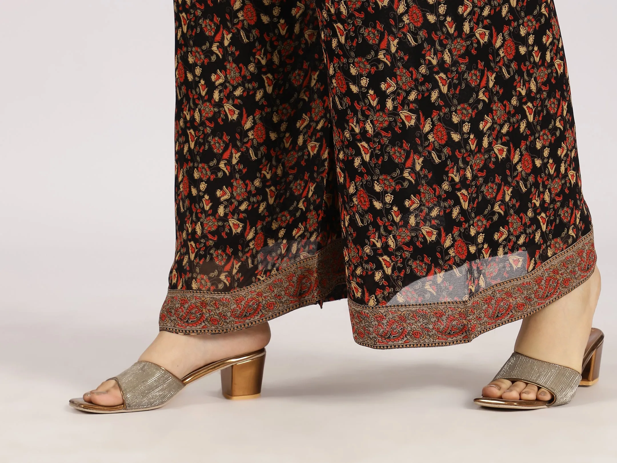 Black Embroidered Kurta with Printed Palazzo & Dupatta