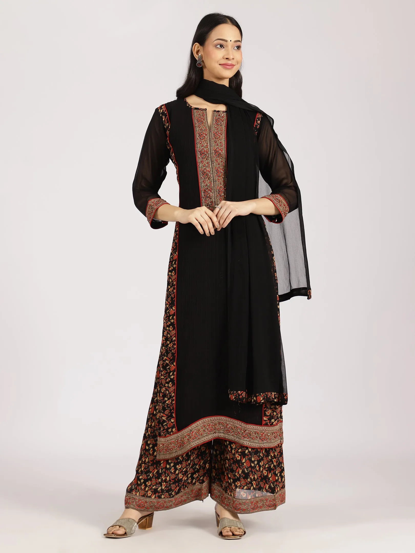 Black Embroidered Kurta with Printed Palazzo & Dupatta