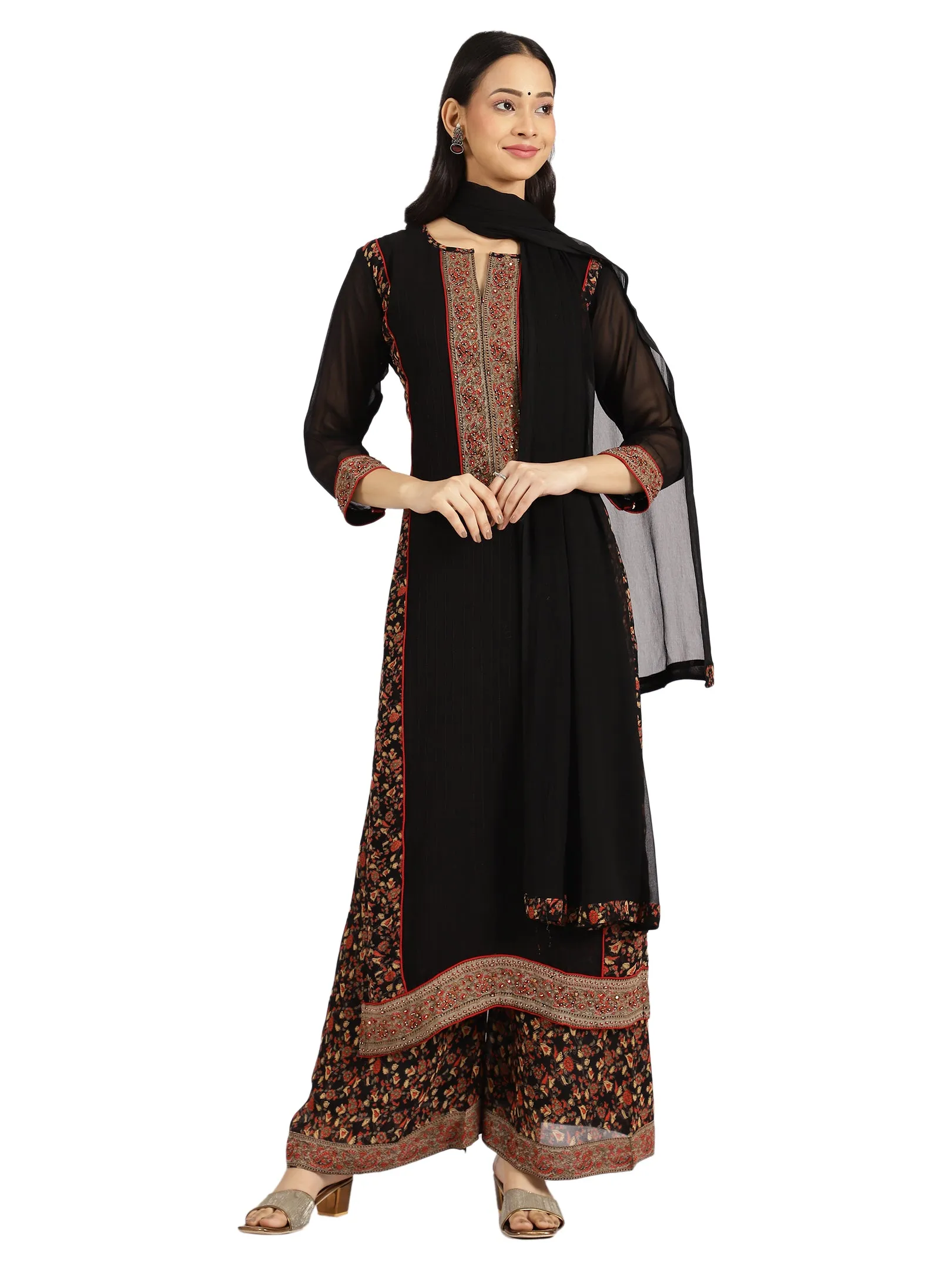 Black Embroidered Kurta with Printed Palazzo & Dupatta