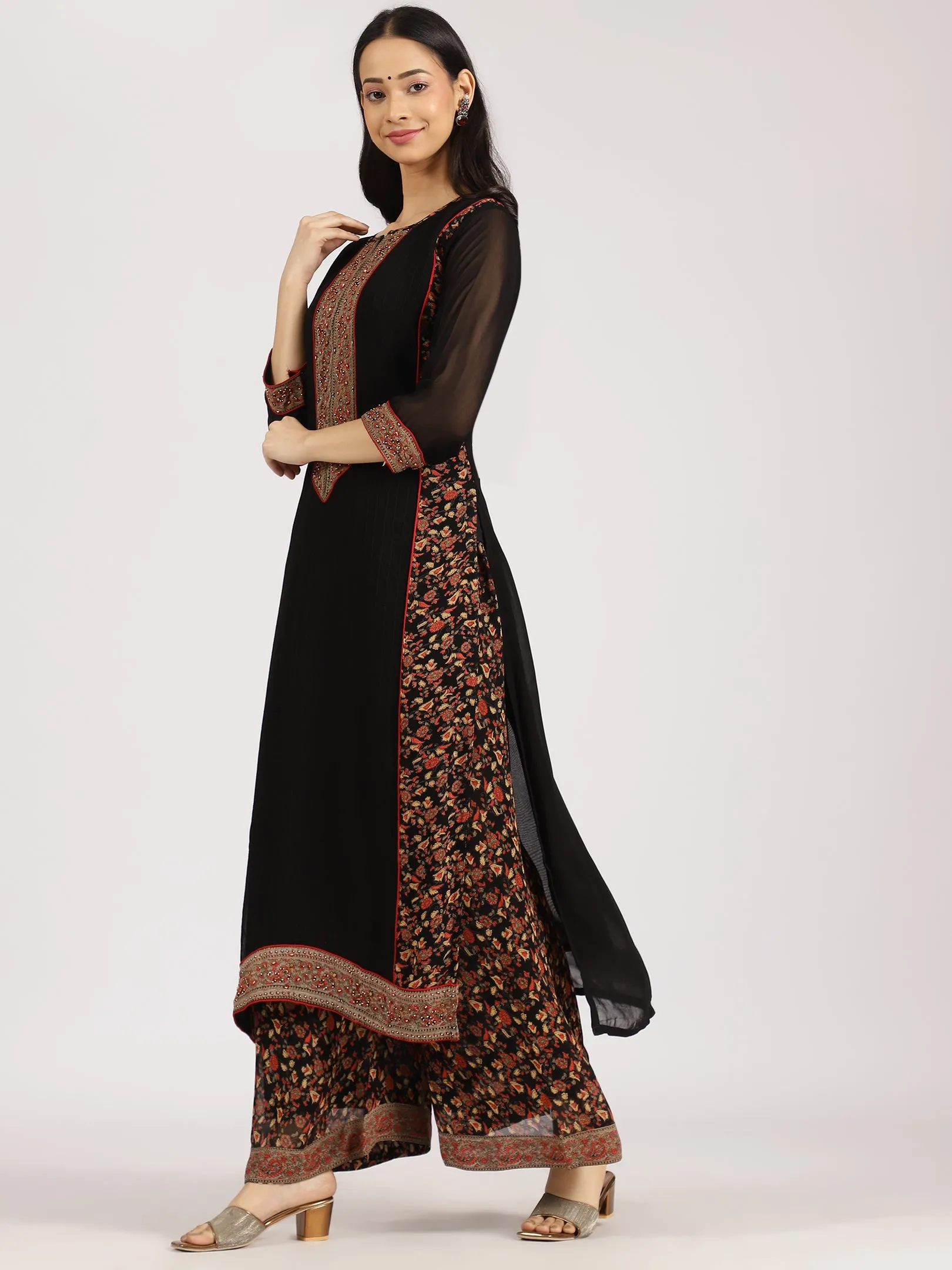 Black Embroidered Kurta with Printed Palazzo & Dupatta