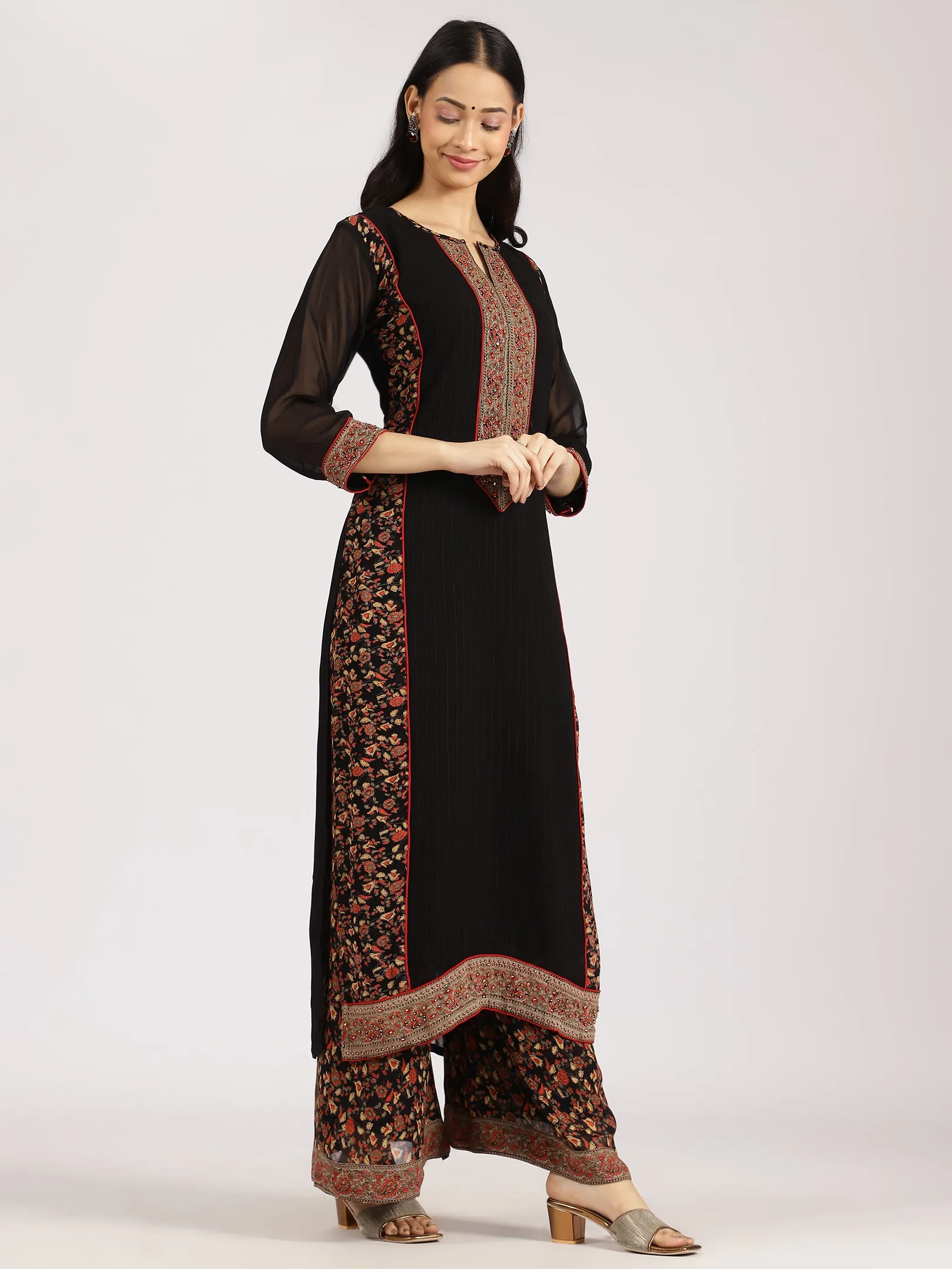 Black Embroidered Kurta with Printed Palazzo & Dupatta