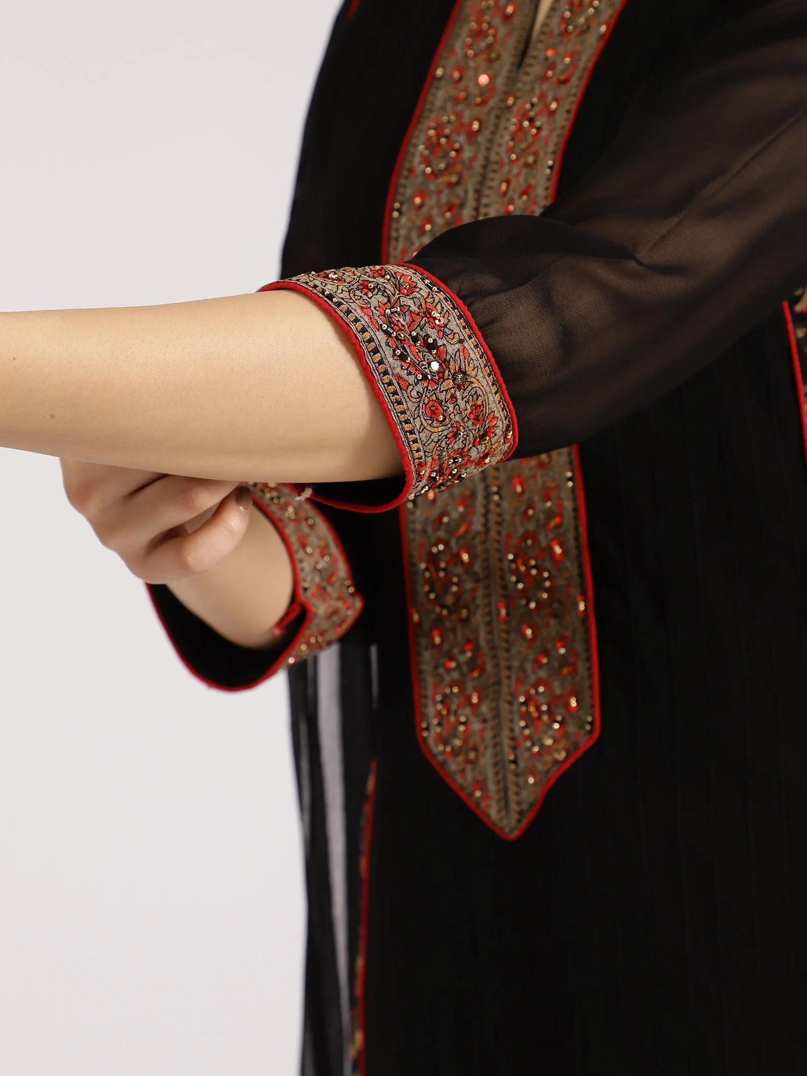 Black Embroidered Kurta with Printed Palazzo & Dupatta