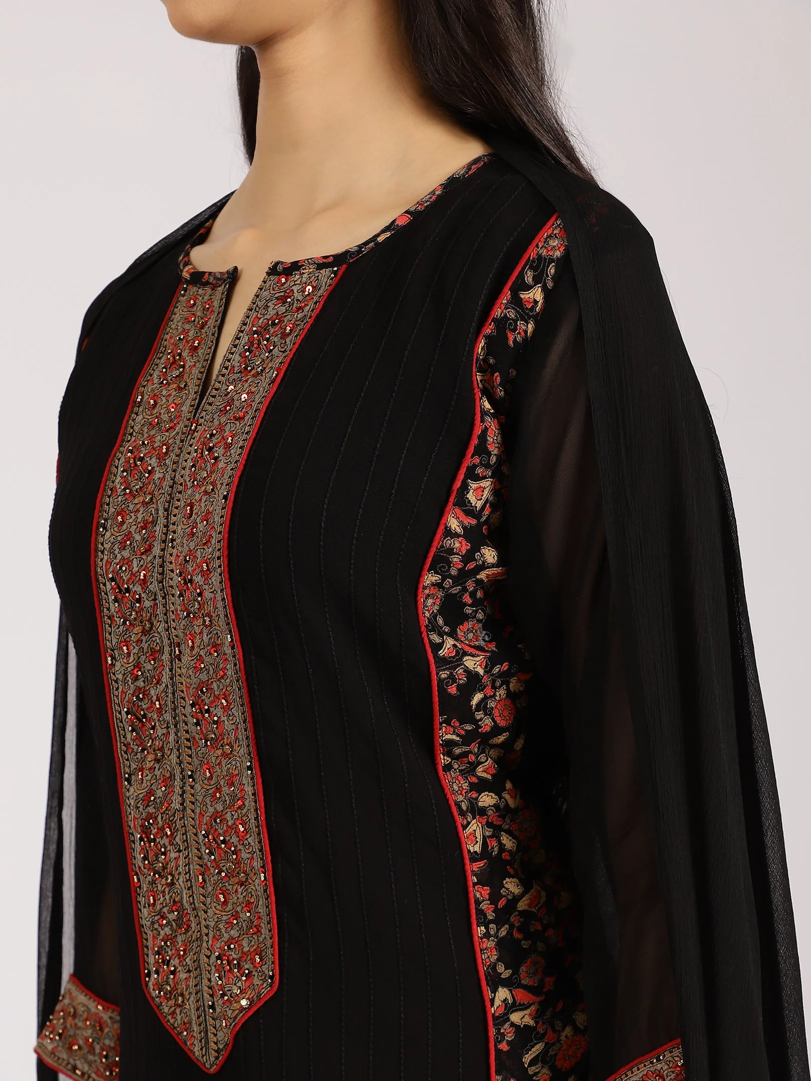 Black Embroidered Kurta with Printed Palazzo & Dupatta