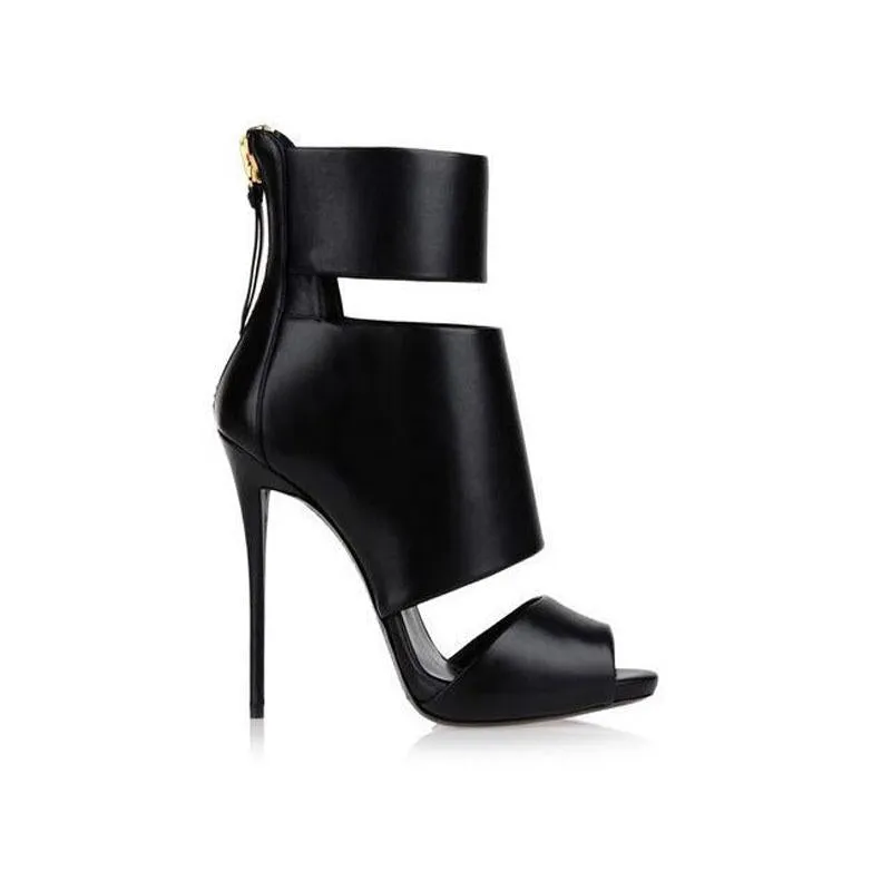 Black Leather Cutout Peep Toe High Heel Sandals