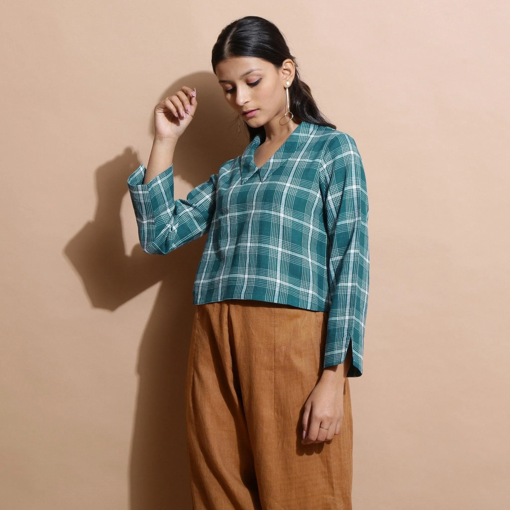 Bottle Green Checks Cotton Chelsea Collar Short Top