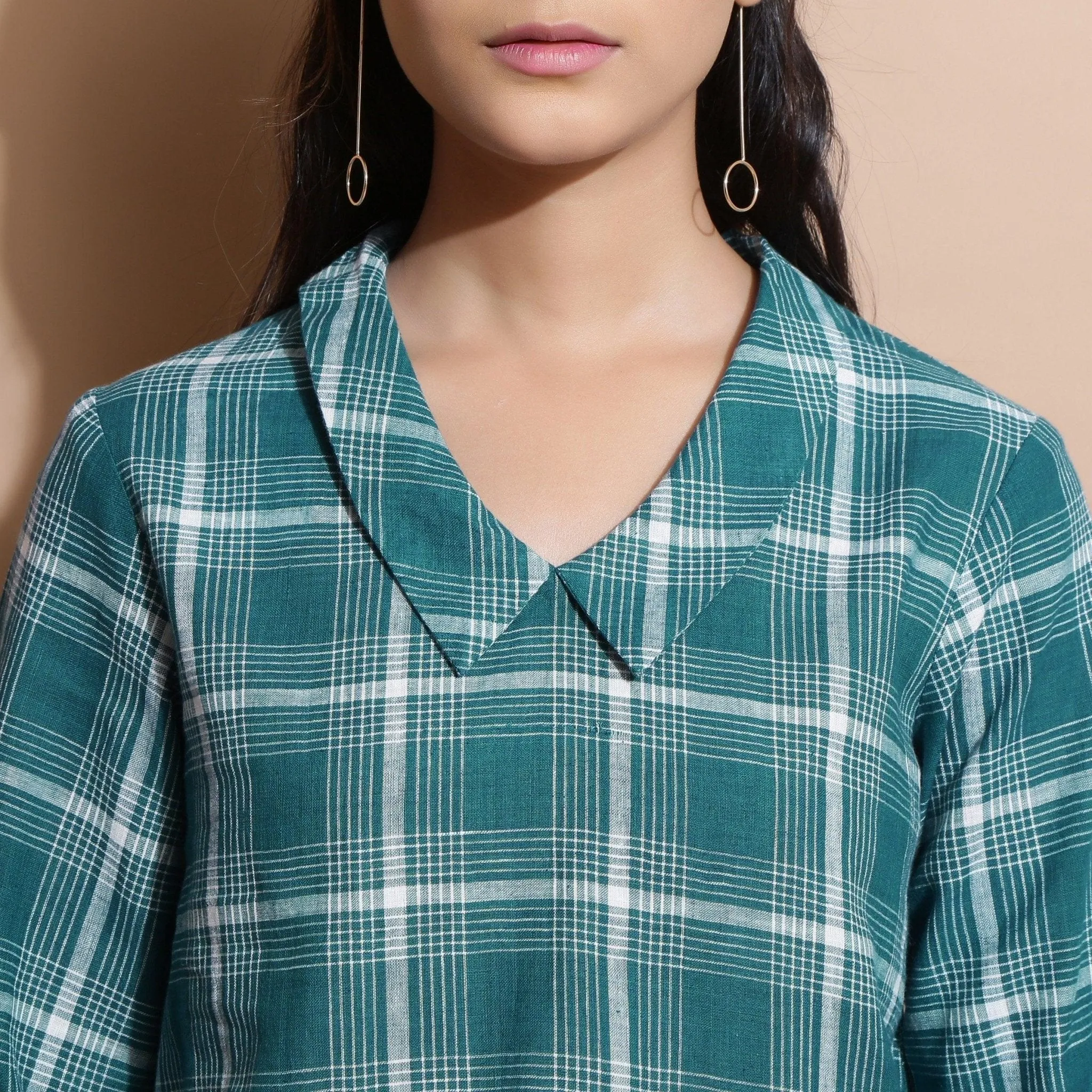 Bottle Green Checks Cotton Chelsea Collar Short Top
