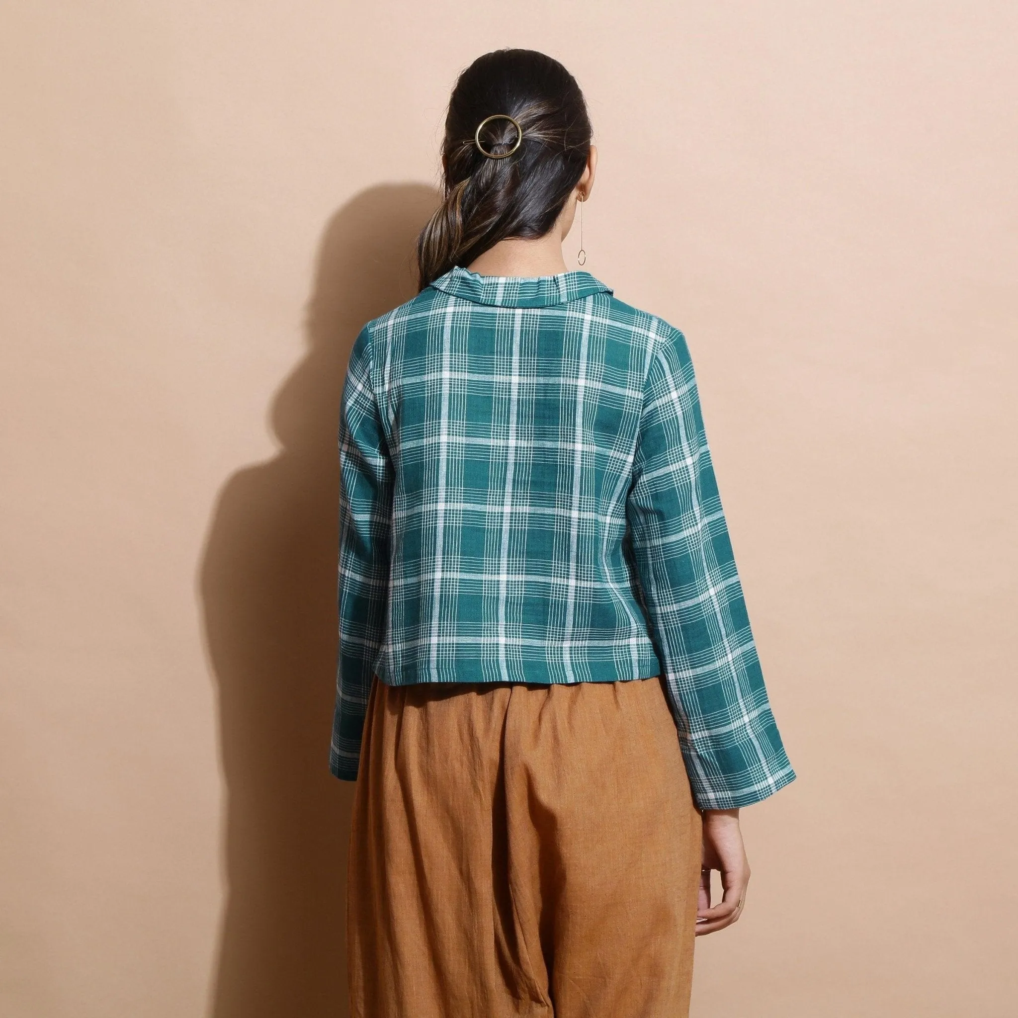 Bottle Green Checks Cotton Chelsea Collar Short Top