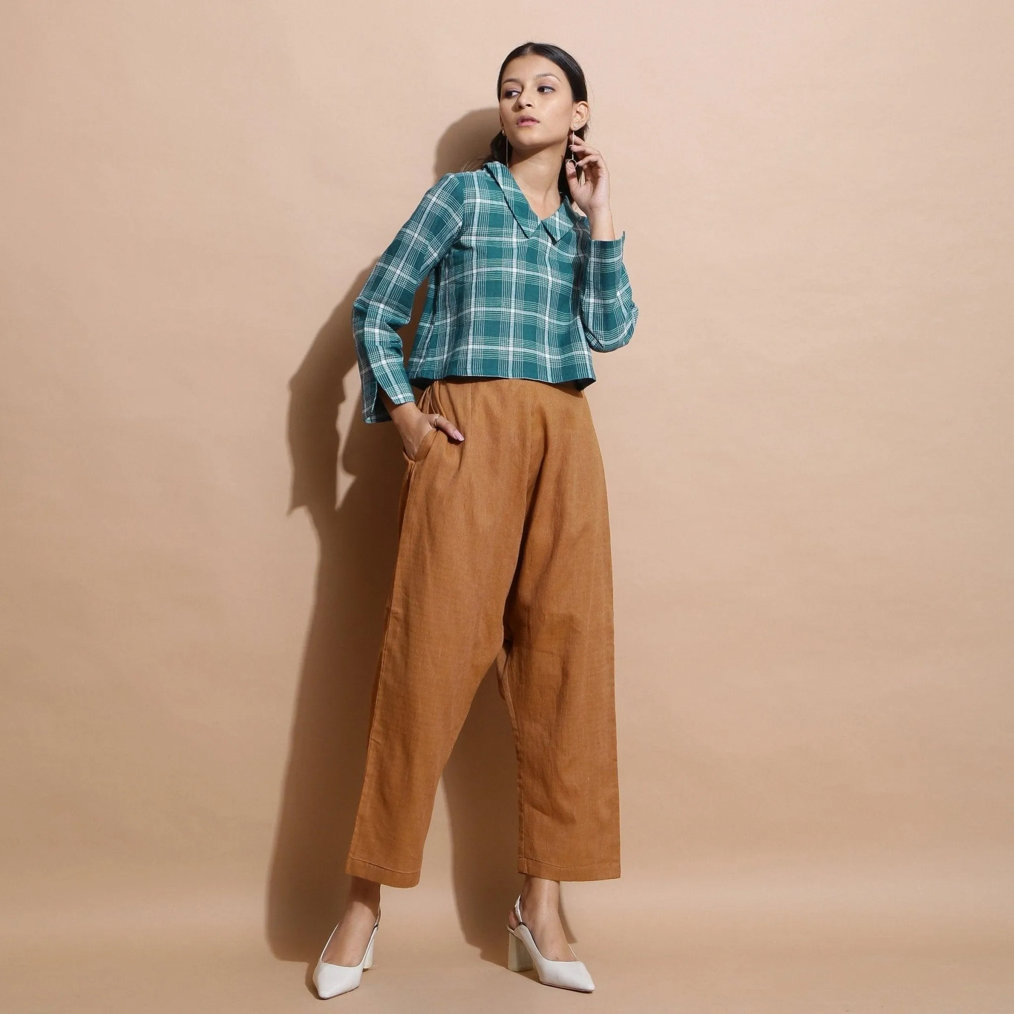 Bottle Green Checks Cotton Chelsea Collar Short Top
