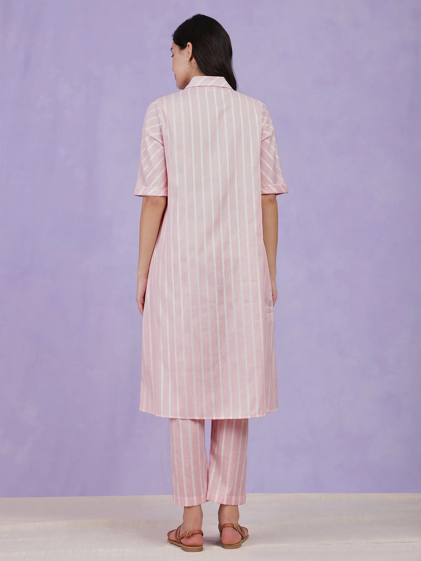 Cotton Lurex Striped Kurta - Pink