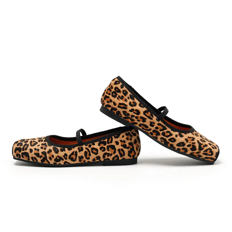 Elegant Leopard Print Pony Hair Square-Toe Ballet Flats | Dwarves Studio in Black