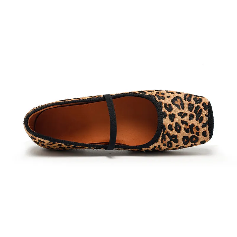 Elegant Leopard Print Pony Hair Square-Toe Ballet Flats | Dwarves Studio in Black