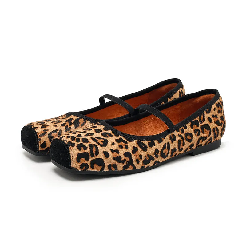 Elegant Leopard Print Pony Hair Square-Toe Ballet Flats | Dwarves Studio in Black