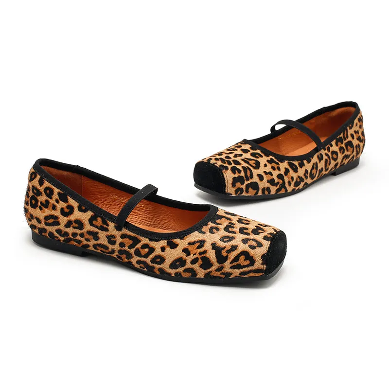 Elegant Leopard Print Pony Hair Square-Toe Ballet Flats | Dwarves Studio in Black