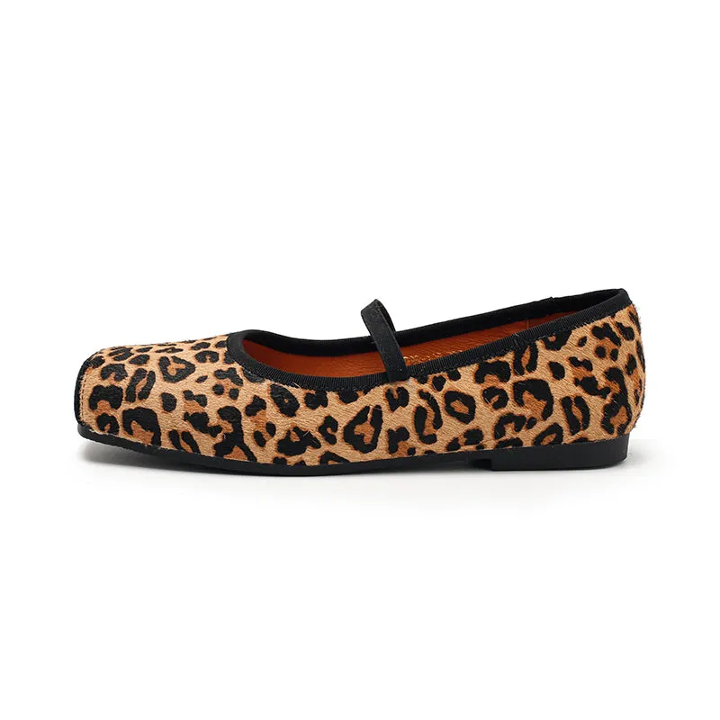 Elegant Leopard Print Pony Hair Square-Toe Ballet Flats | Dwarves Studio in Black