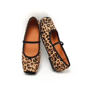 Elegant Leopard Print Pony Hair Square-Toe Ballet Flats | Dwarves Studio in Black
