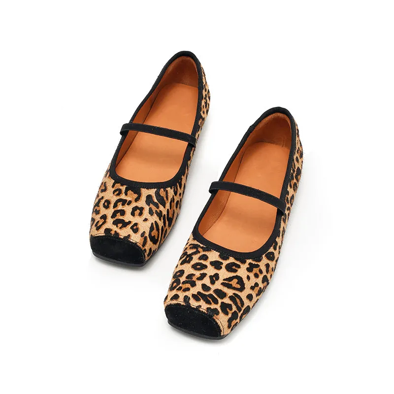 Elegant Leopard Print Pony Hair Square-Toe Ballet Flats | Dwarves Studio in Black