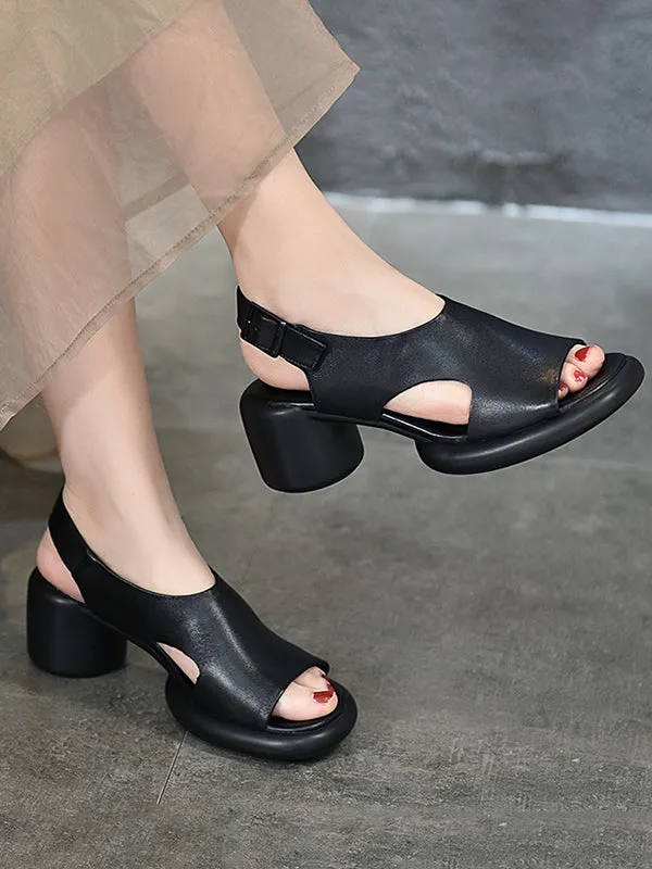 Hollow Open Toe Solid Color Block Heel Sandals