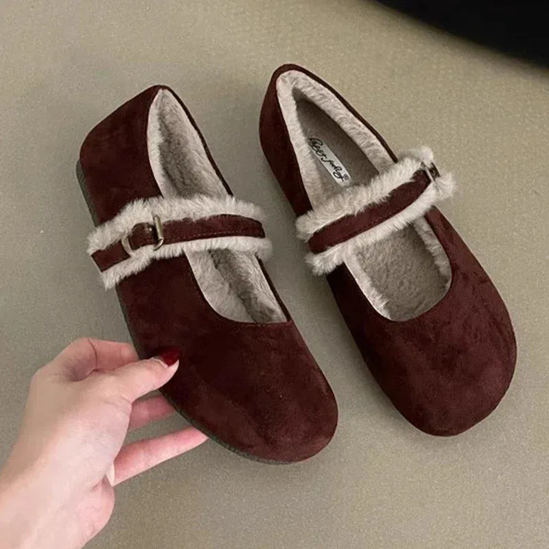Joskaa Flats Cotton Shoes Woman Fur Suede Walking Shoes Casual Cozy Snow Boots for Woman 2025 Trend Short Plush Fashion Botas Mujer