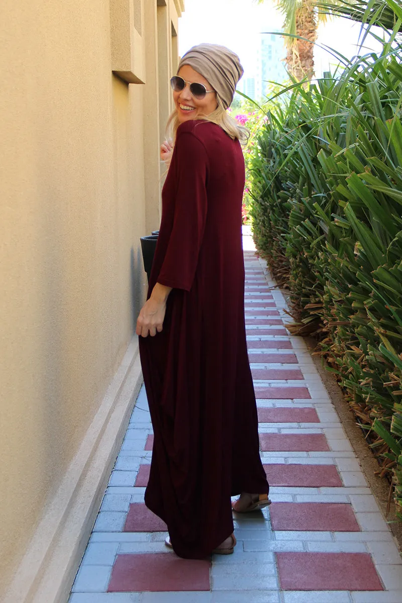 Long V-Neck Cotton Dress - Maroon