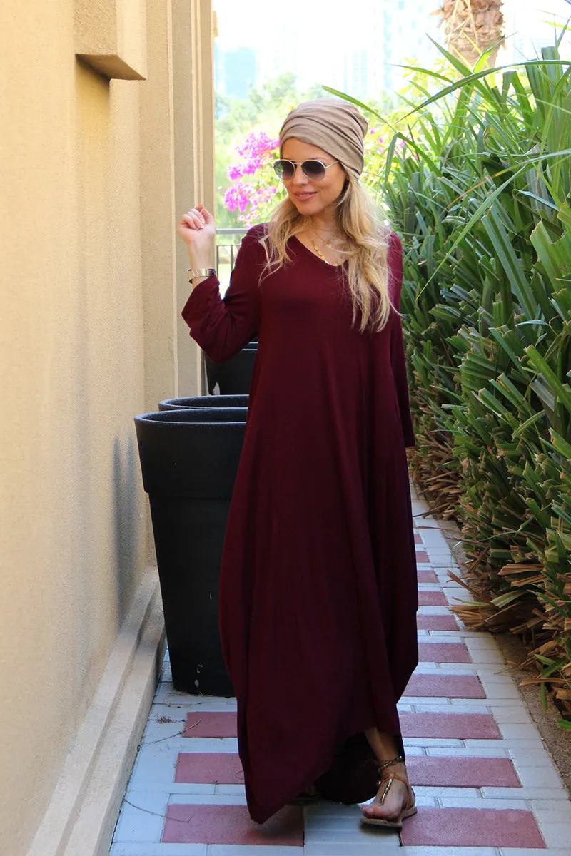 Long V-Neck Cotton Dress - Maroon