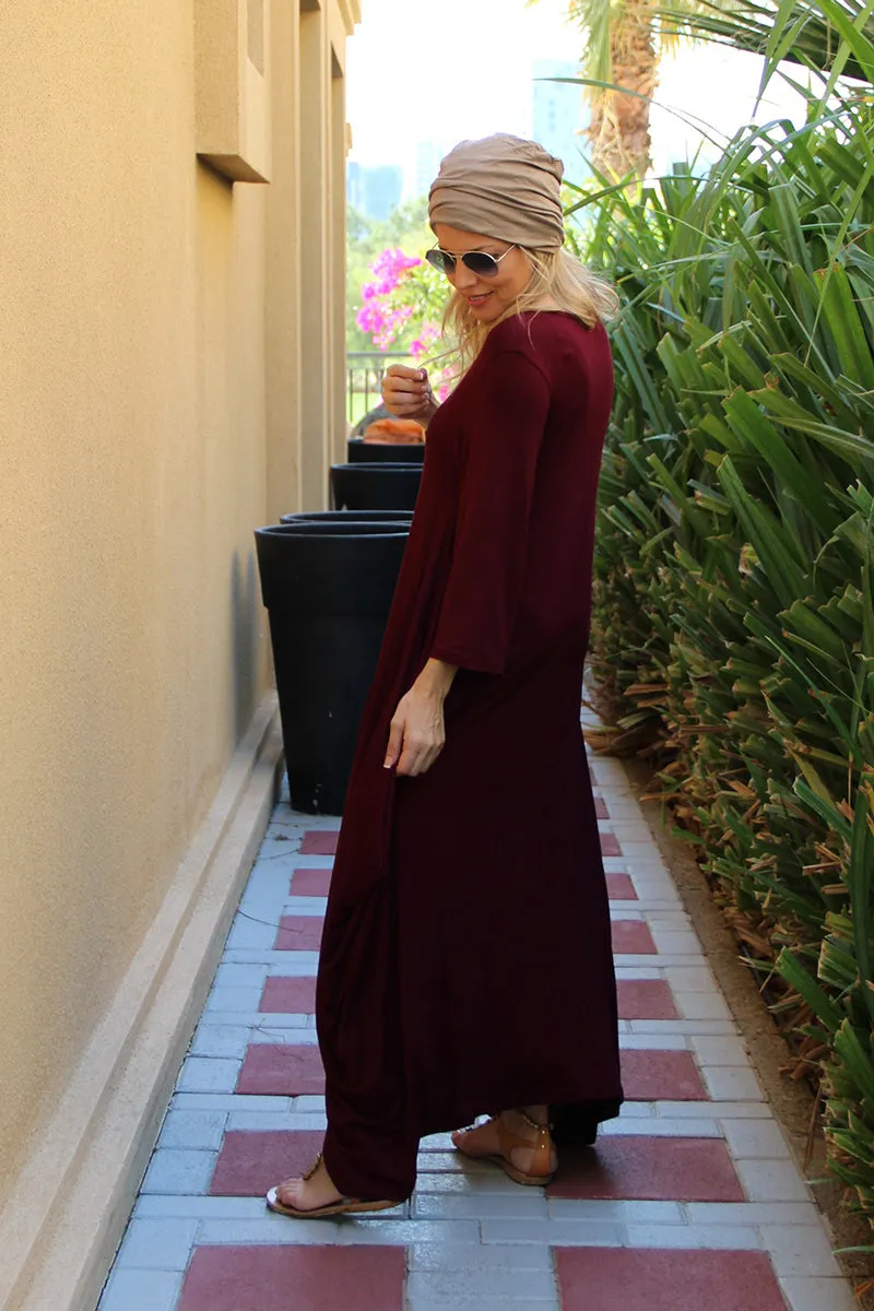 Long V-Neck Cotton Dress - Maroon