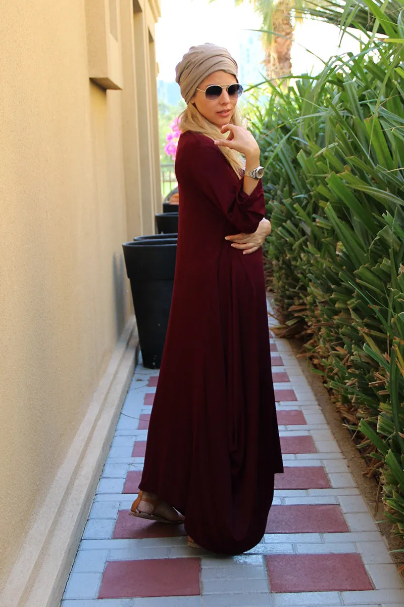 Long V-Neck Cotton Dress - Maroon