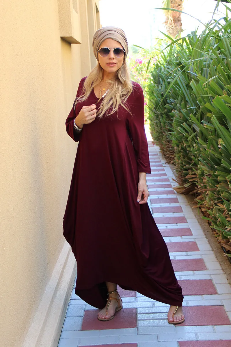 Long V-Neck Cotton Dress - Maroon