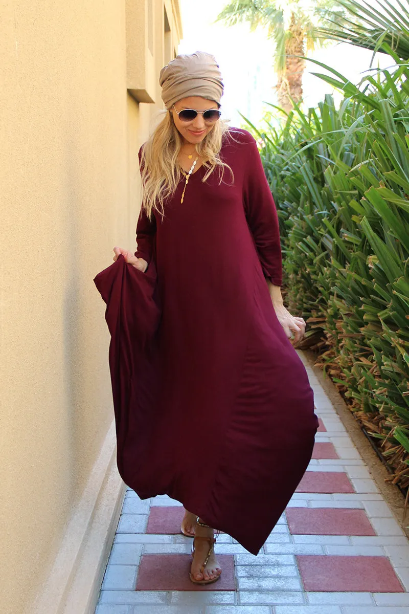 Long V-Neck Cotton Dress - Maroon