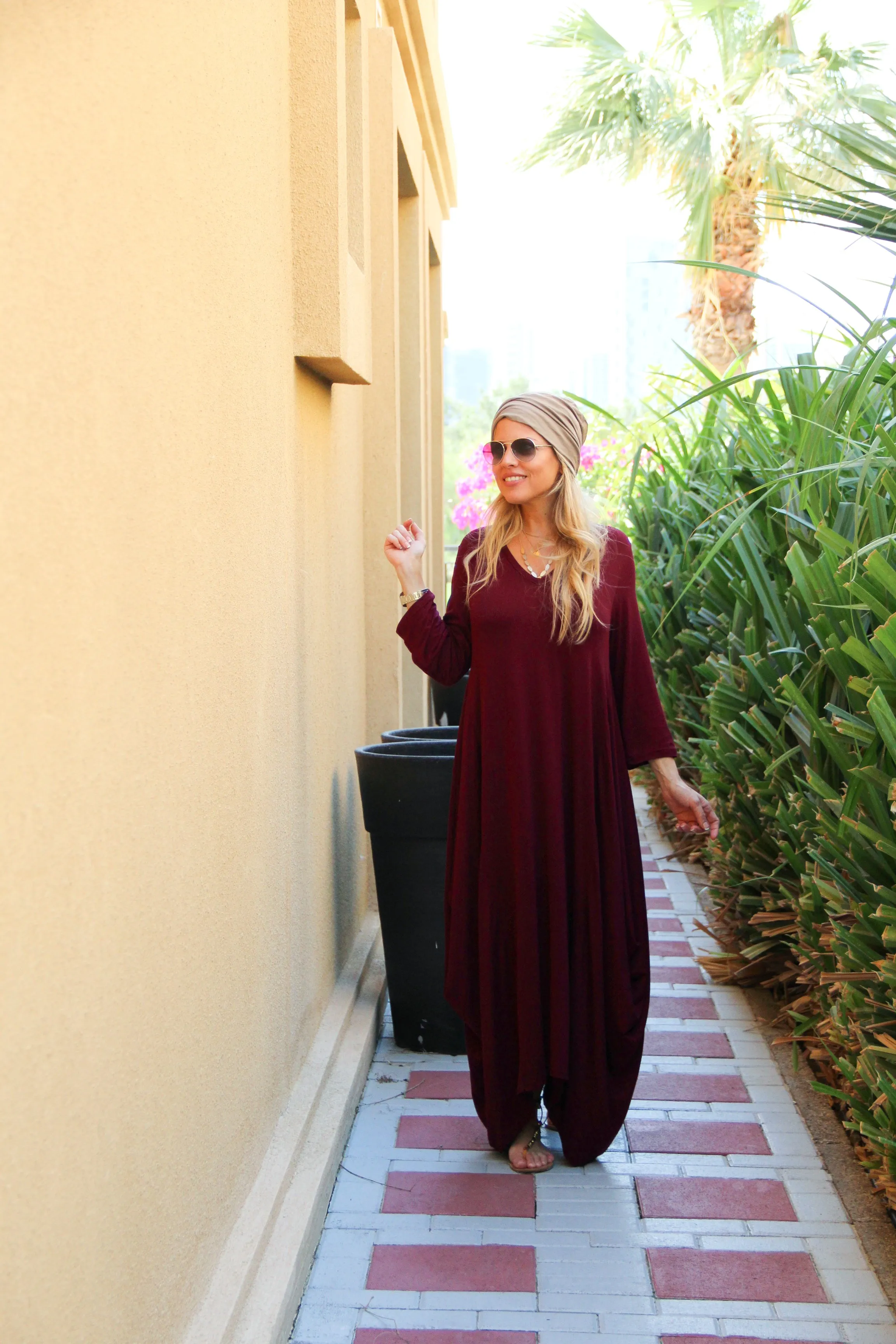 Long V-Neck Cotton Dress - Maroon