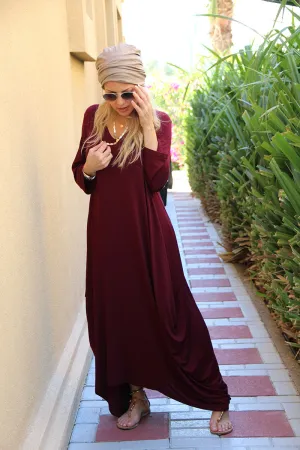 Long V-Neck Cotton Dress - Maroon