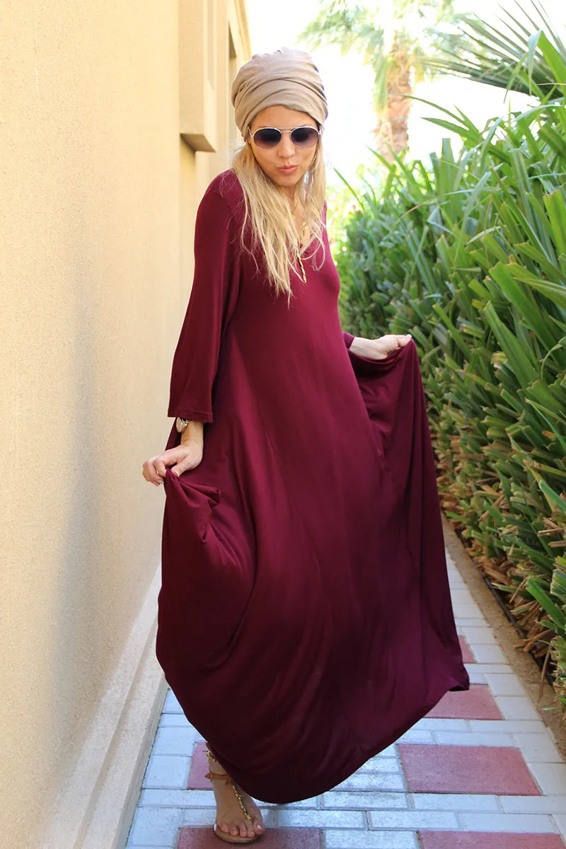 Long V-Neck Cotton Dress - Maroon