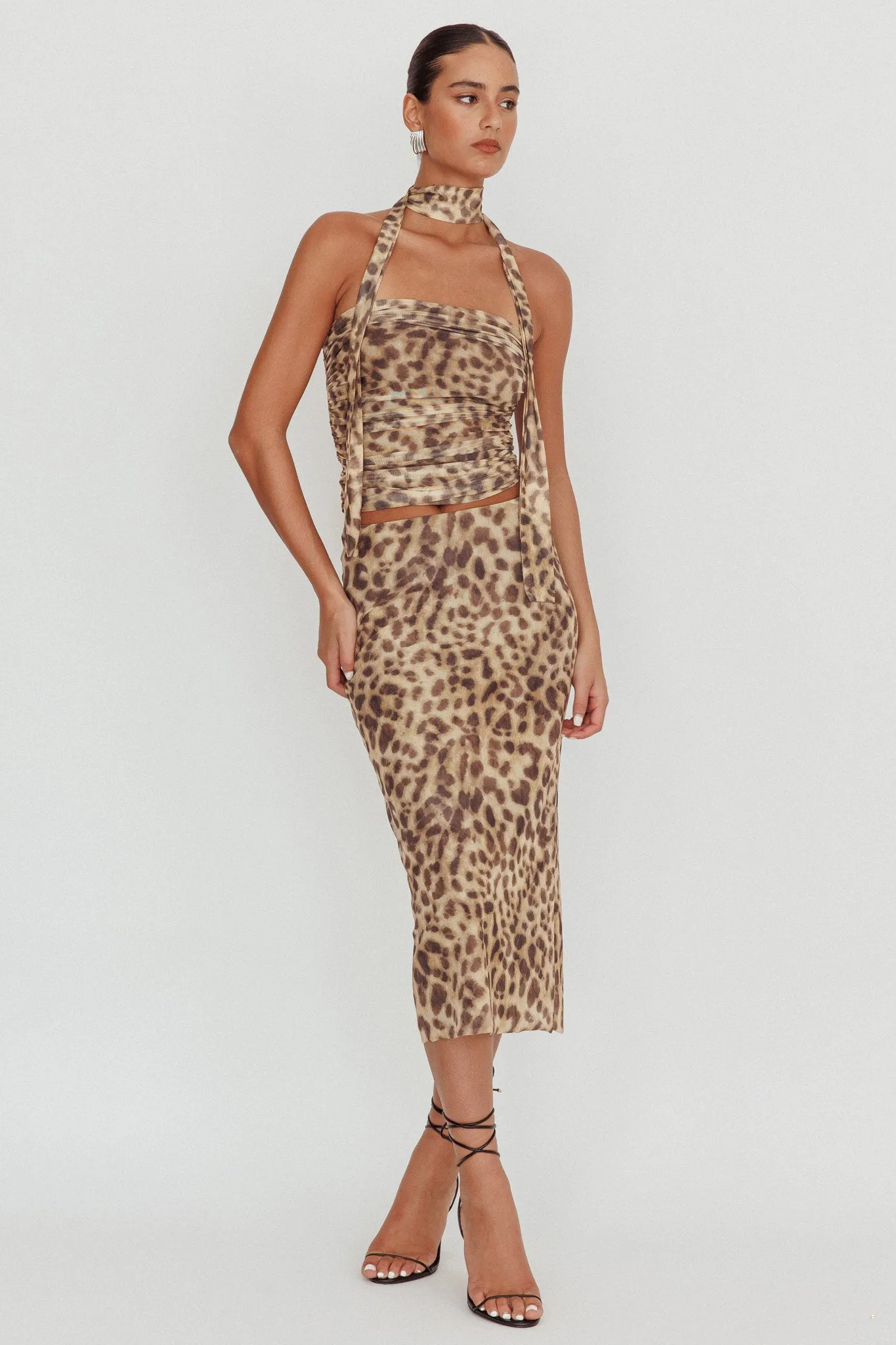 Meet Up Elastic Waist Midi Skirt Leopard
