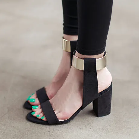 Metal Decorate Chunky Heel Peep-toe Summer PU Ankle Strap Sandals