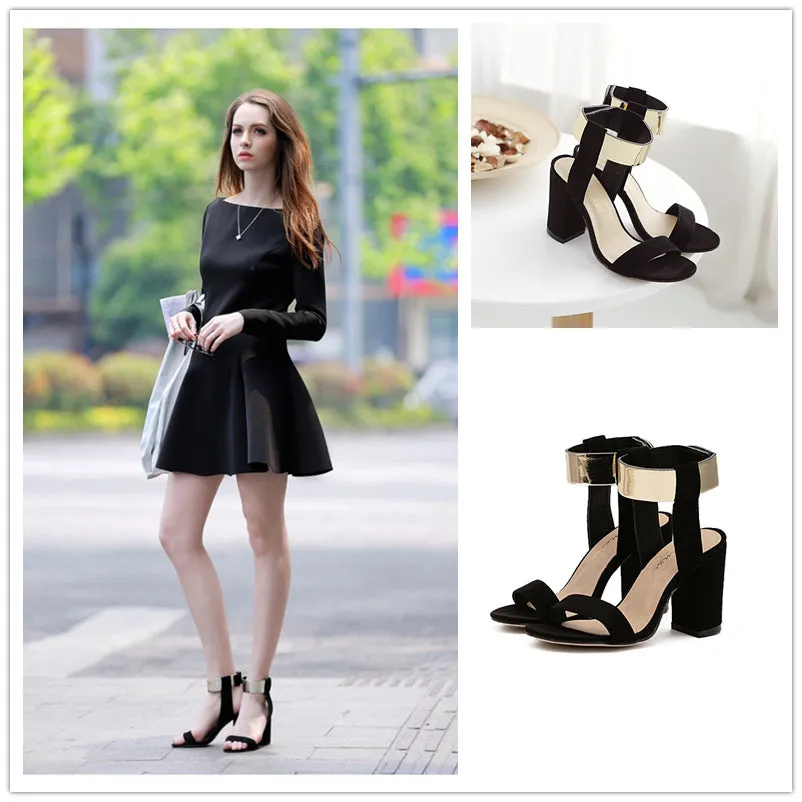 Metal Decorate Chunky Heel Peep-toe Summer PU Ankle Strap Sandals