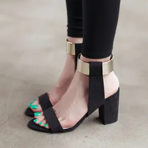 Metal Decorate Chunky Heel Peep-toe Summer PU Ankle Strap Sandals