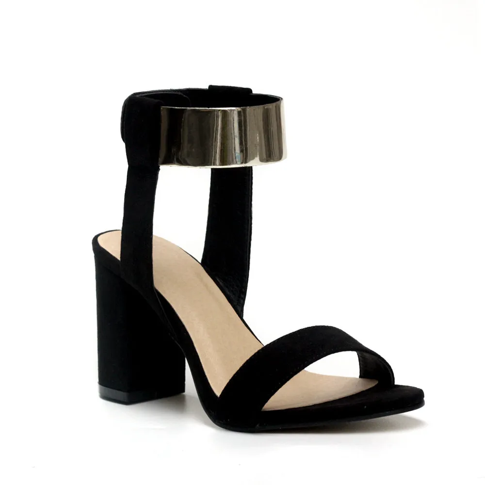 Metal Decorate Chunky Heel Peep-toe Summer PU Ankle Strap Sandals