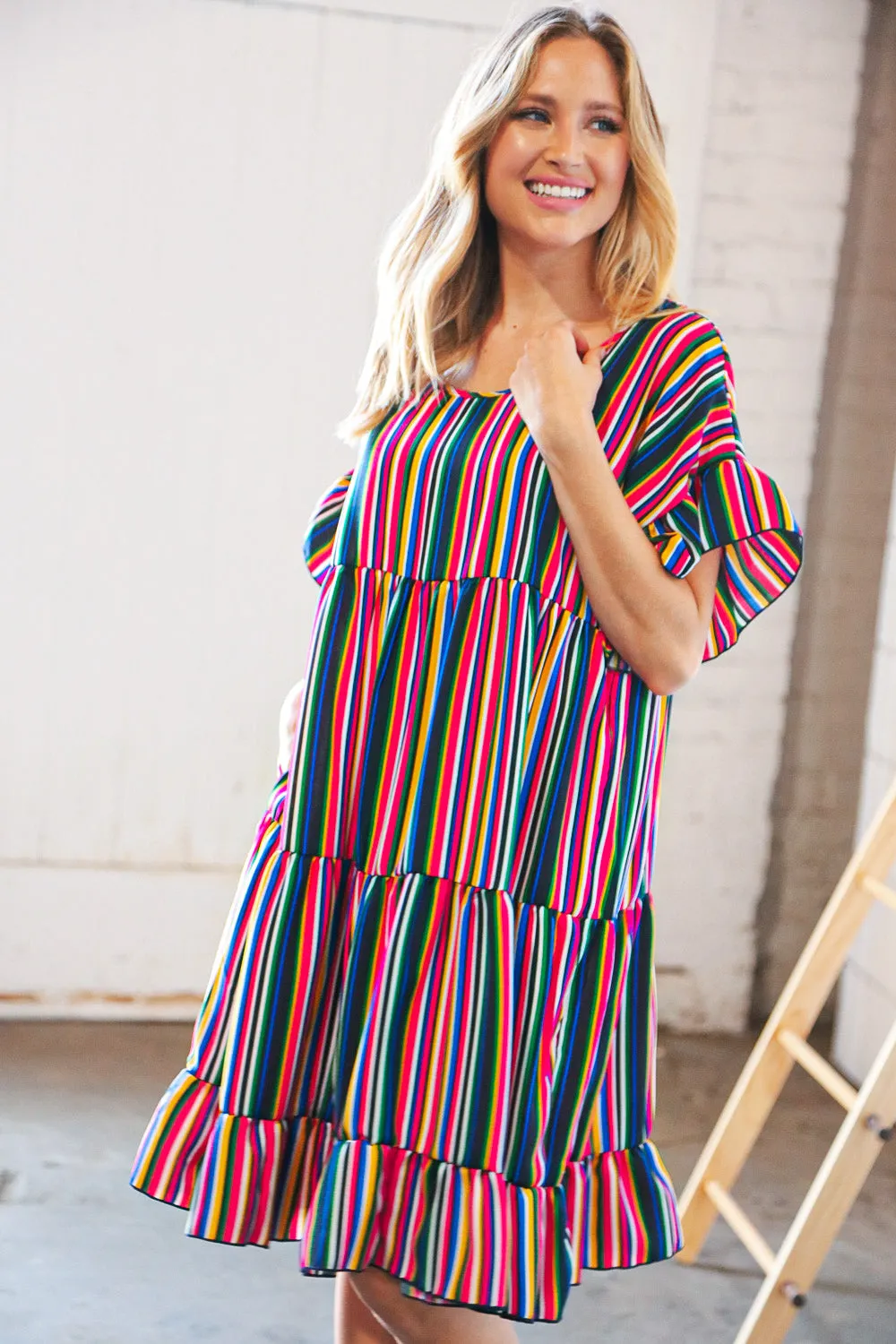 Multicolor Vertical Stripe Woven Frill Sleeve Dress