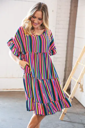 Multicolor Vertical Stripe Woven Frill Sleeve Dress