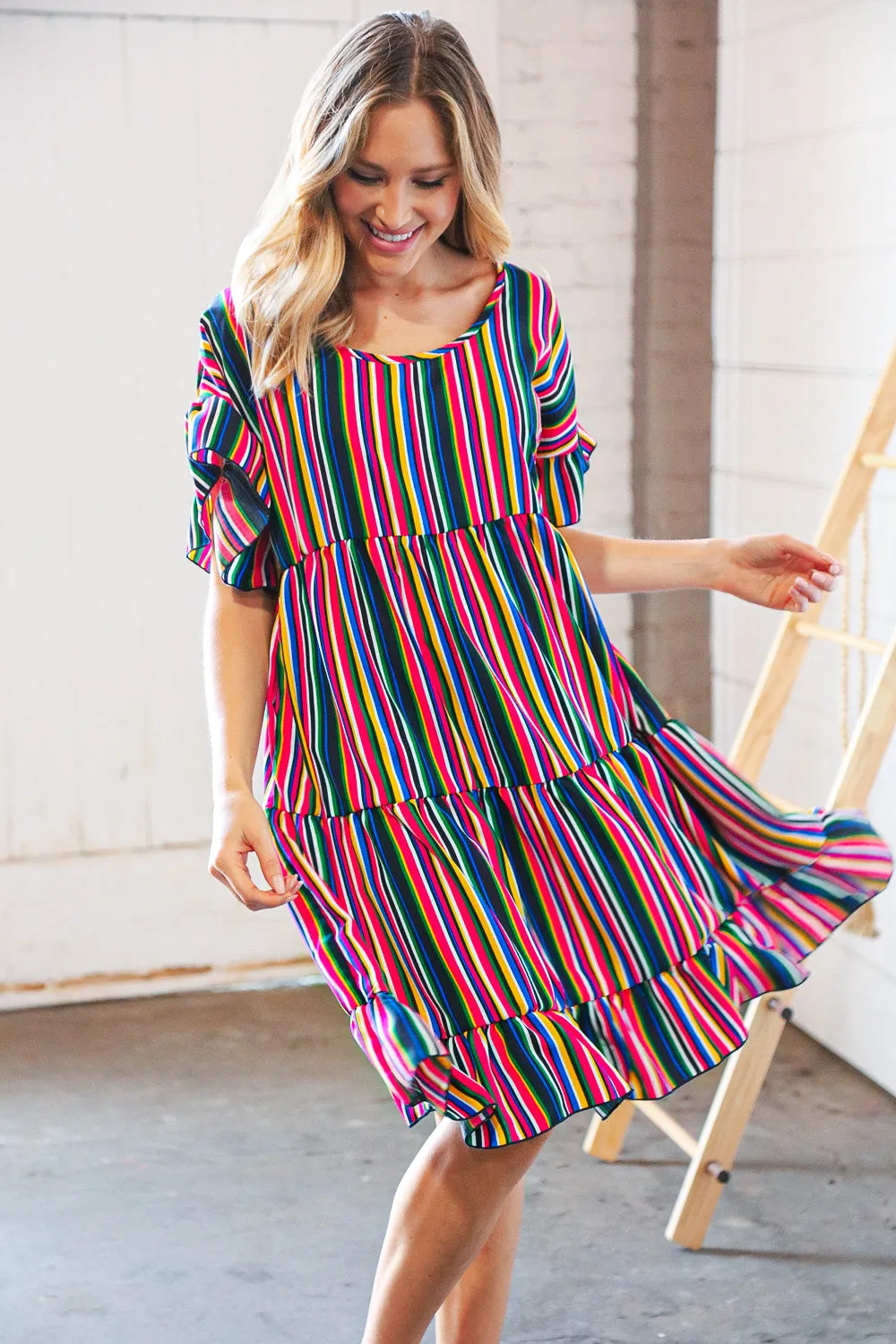 Multicolor Vertical Stripe Woven Frill Sleeve Dress