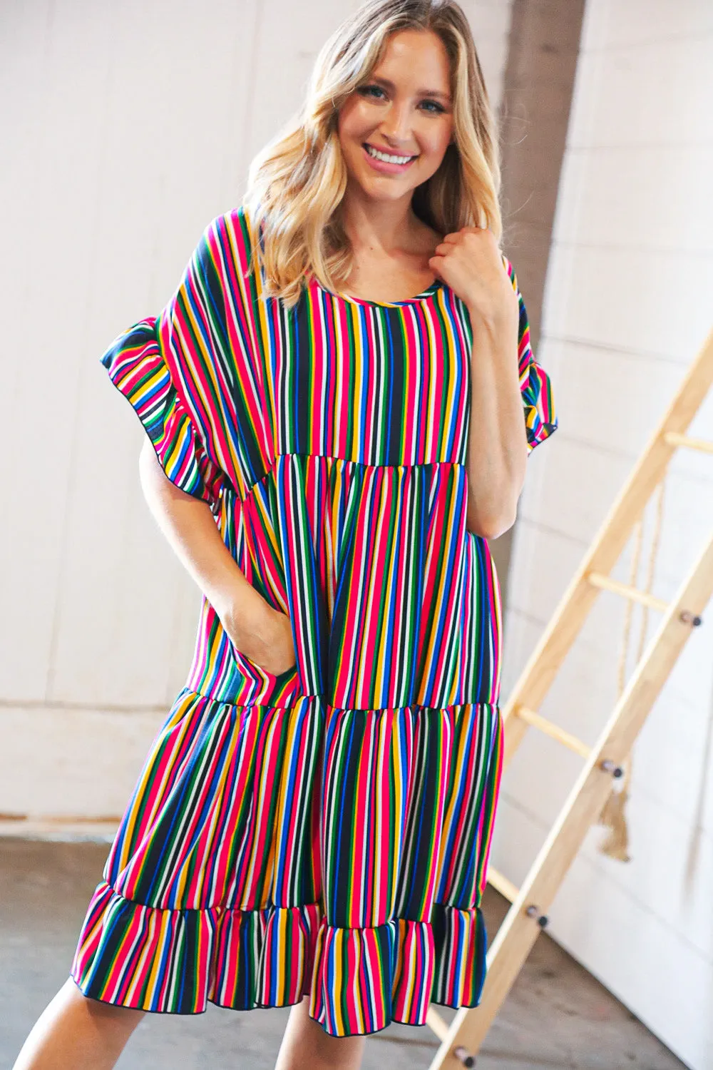 Multicolor Vertical Stripe Woven Frill Sleeve Dress