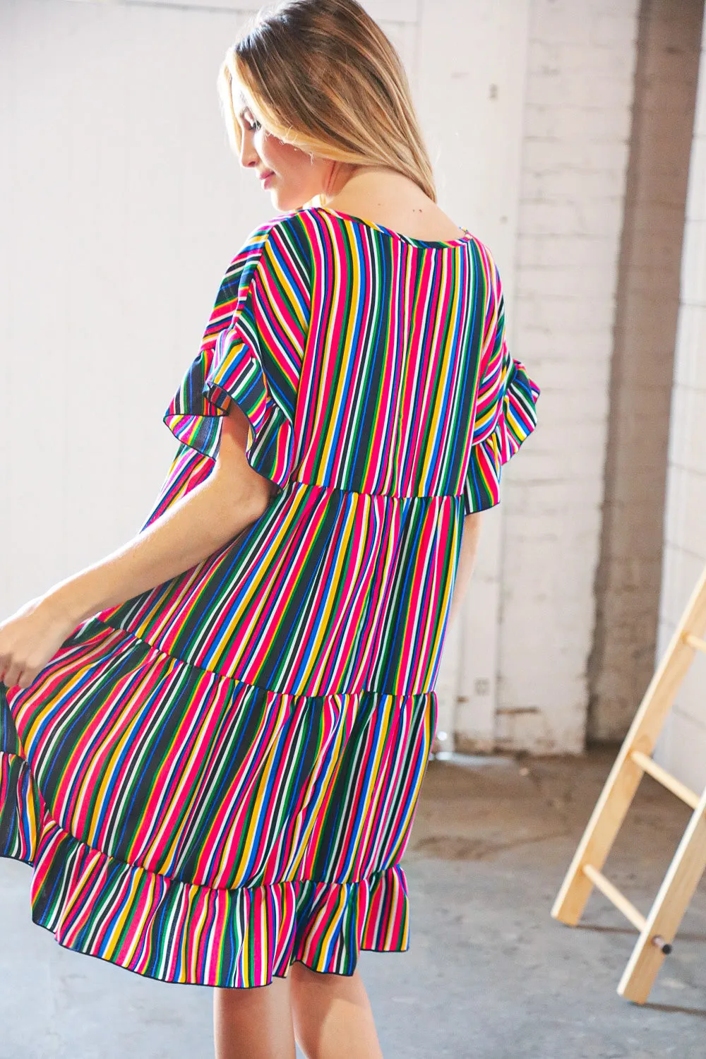 Multicolor Vertical Stripe Woven Frill Sleeve Dress