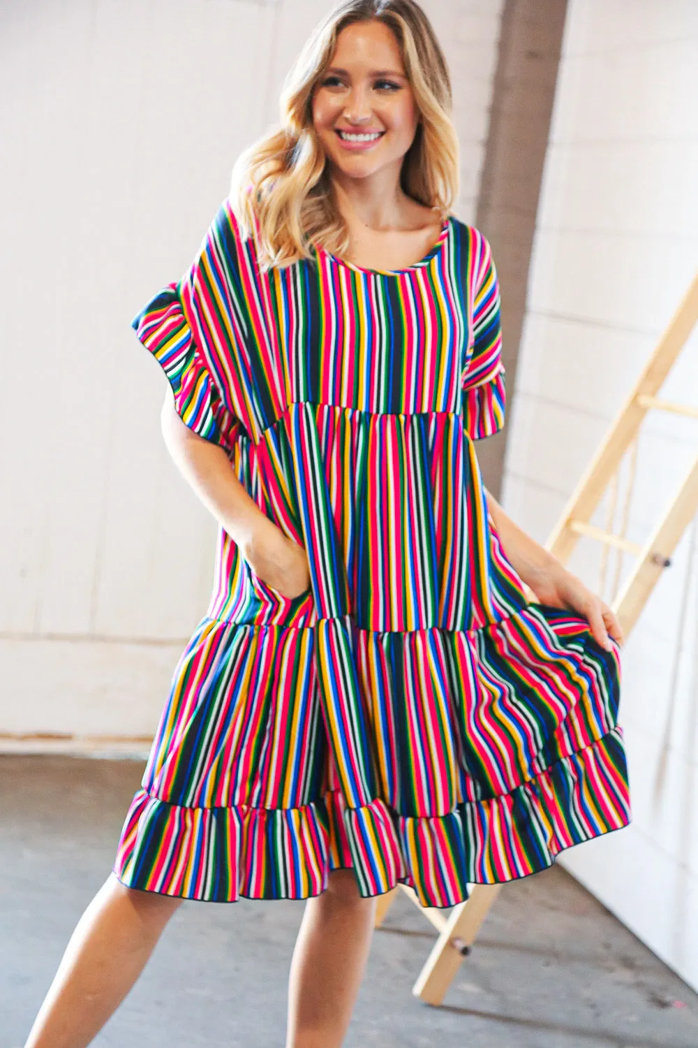 Multicolor Vertical Stripe Woven Frill Sleeve Dress