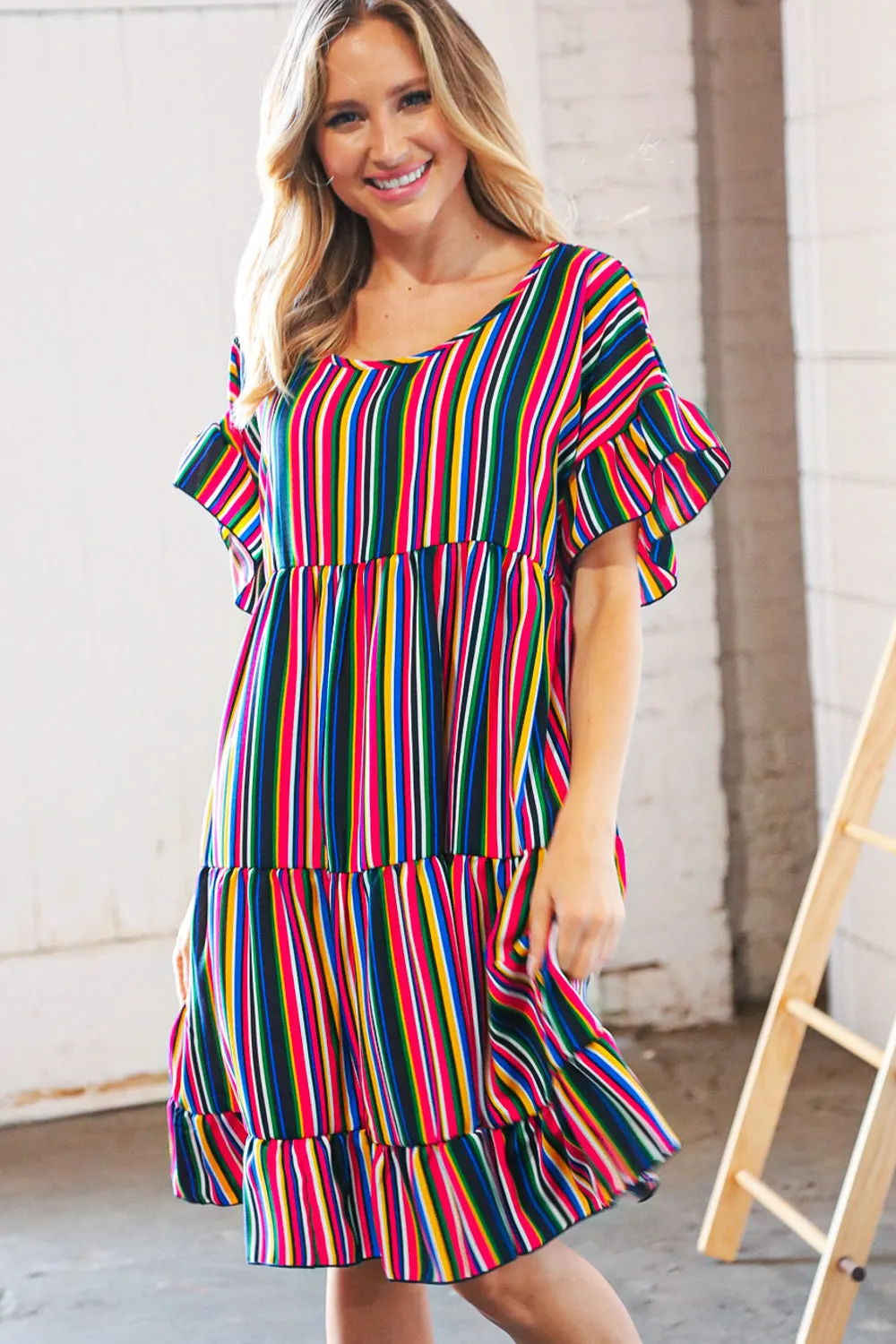 Multicolor Vertical Stripe Woven Frill Sleeve Dress