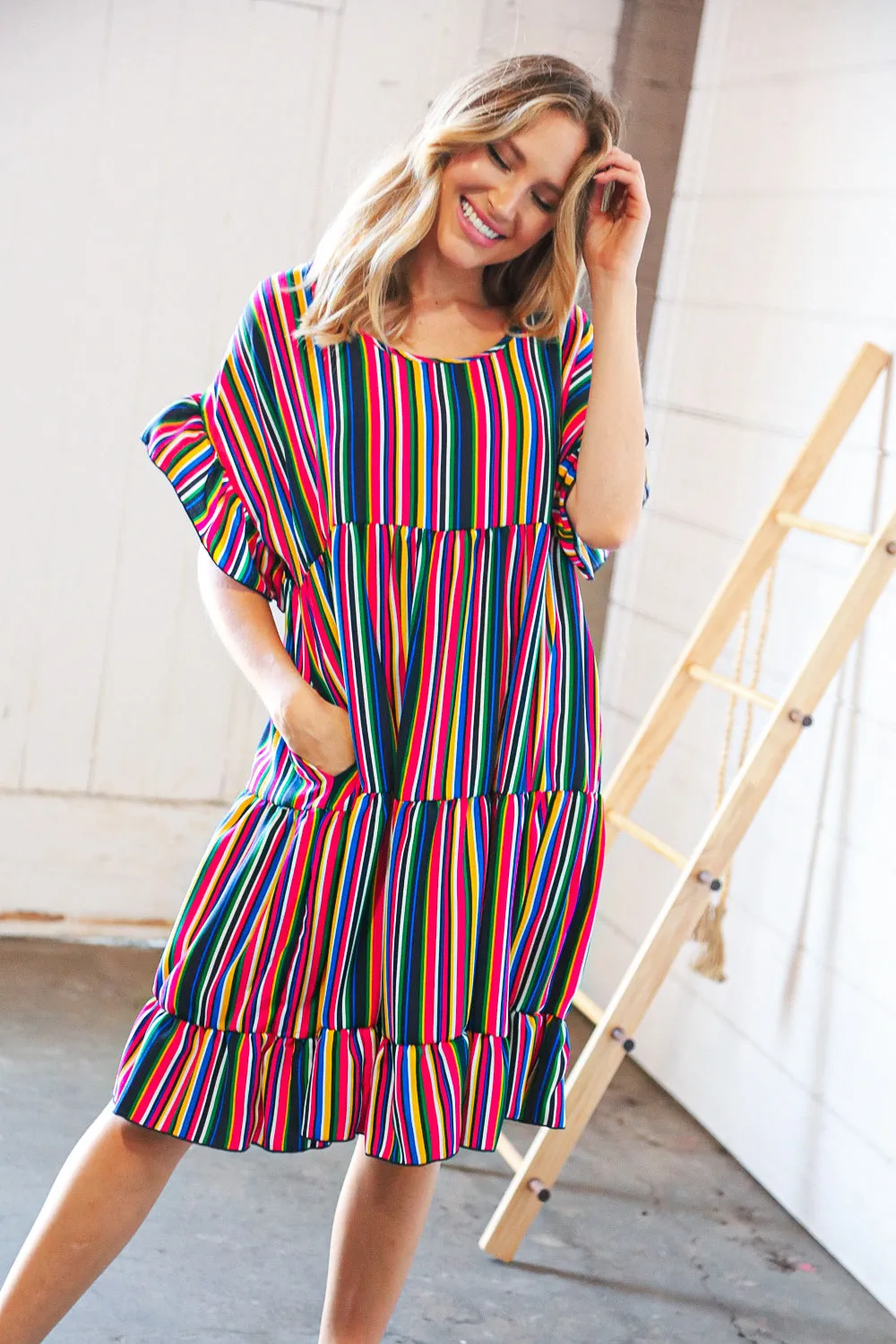 Multicolor Vertical Stripe Woven Frill Sleeve Dress