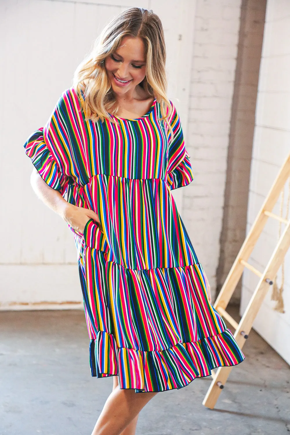 Multicolor Vertical Stripe Woven Frill Sleeve Dress